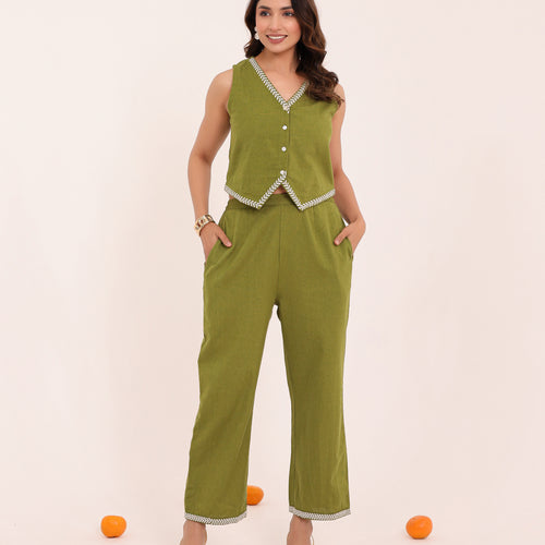 Olive Embroidered Vest Set
