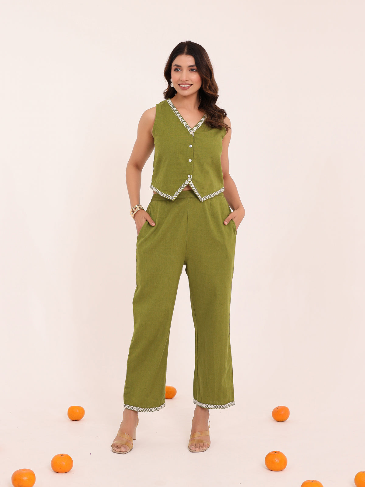 Olive Embroidered Vest Set
