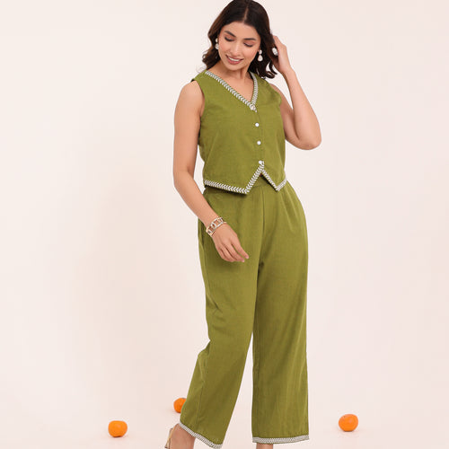 Olive Embroidered Vest Set