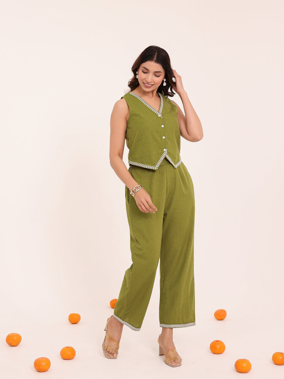 Olive Embroidered Vest Set