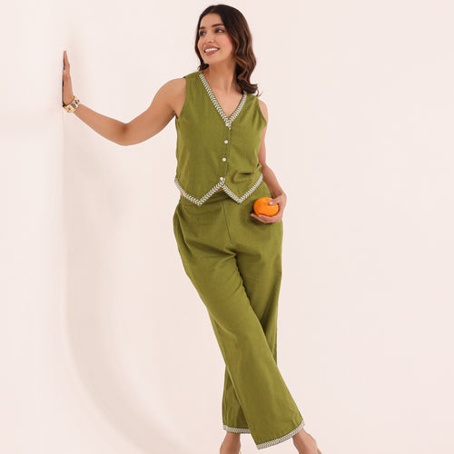 Olive Embroidered Vest Set
