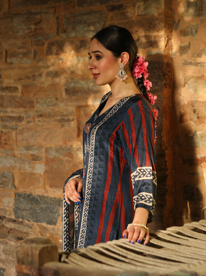 Blue Ajrakh Muslin Suit Set