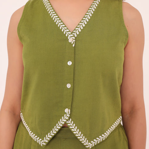 Olive Embroidered Vest Set