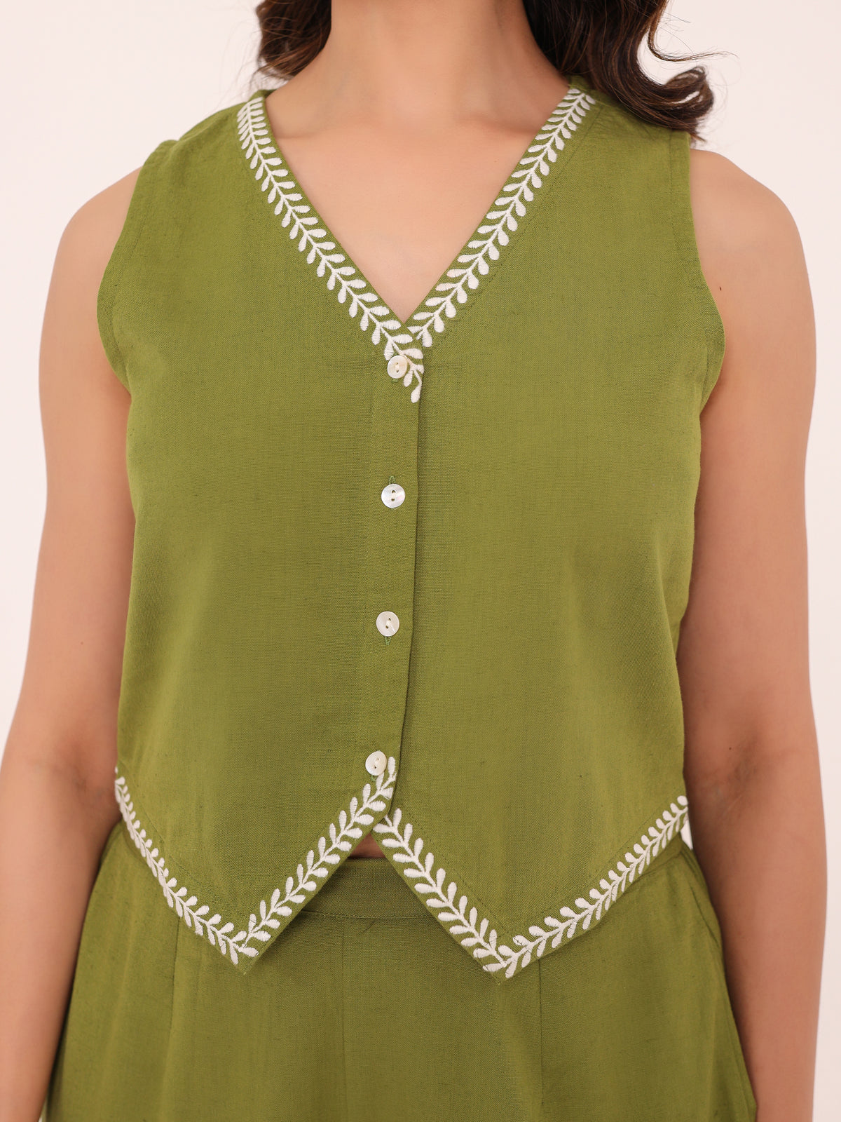 Olive Embroidered Vest Set