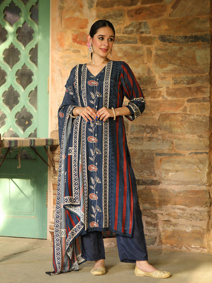 Blue Ajrakh Muslin Suit Set