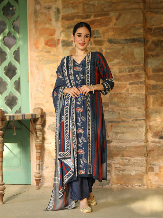 Blue Ajrakh Muslin Suit Set