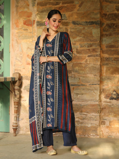 Blue Ajrakh Muslin Suit Set