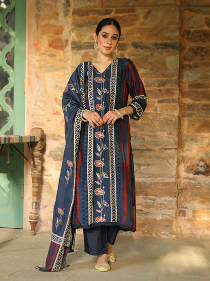 Blue Ajrakh Muslin Suit Set