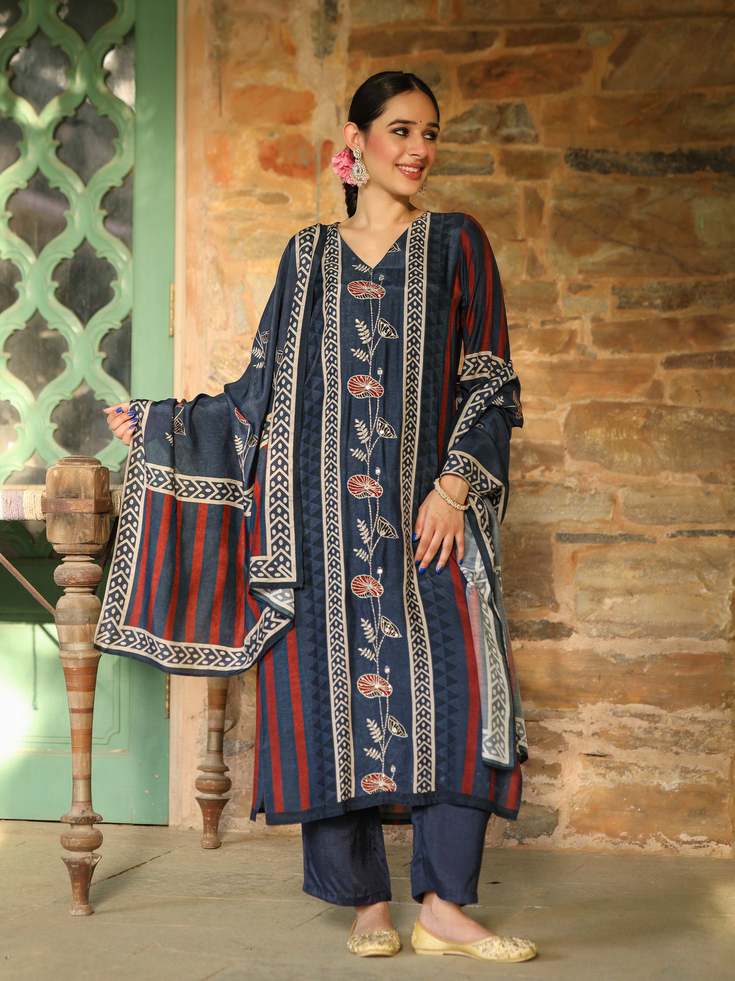 Blue Ajrakh Muslin Suit Set