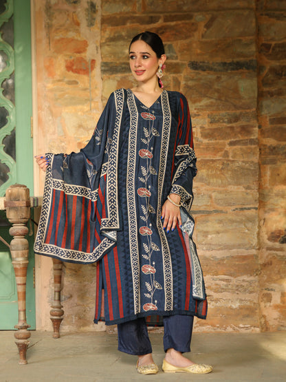 Blue Ajrakh Muslin Suit Set