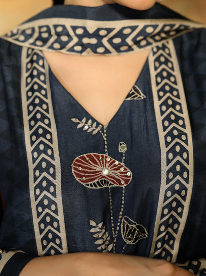 Blue Ajrakh Muslin Suit Set