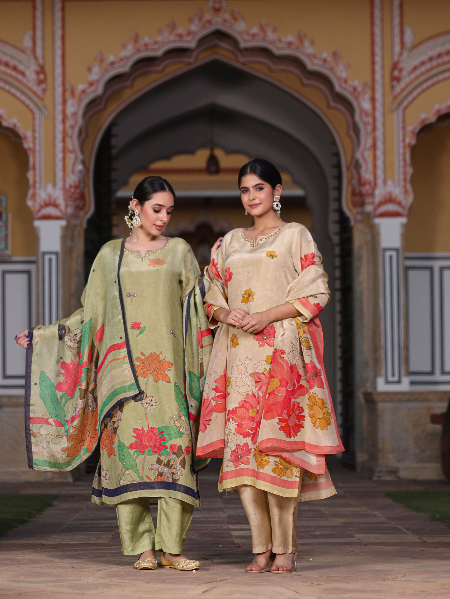 Green Floral Shimmer Suit Set