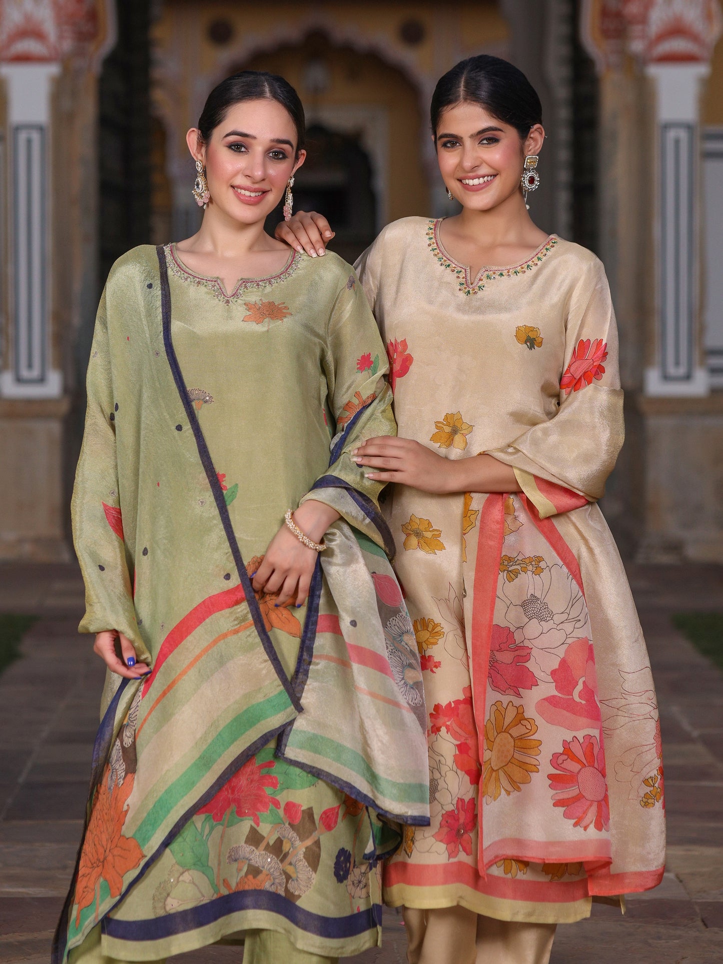 Green Floral Shimmer Suit Set