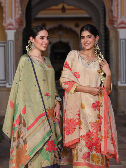 Green Floral Shimmer Suit Set