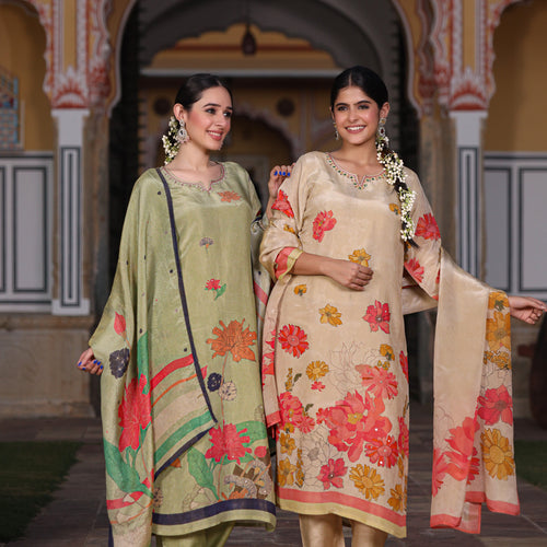 Cream Floral Shimmer Suit Set