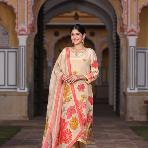 Cream Floral Shimmer Suit Set