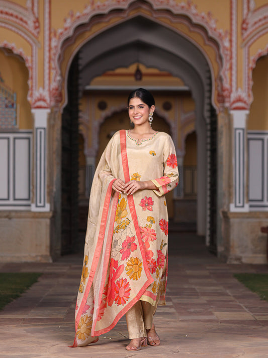Cream Floral Shimmer Suit Set