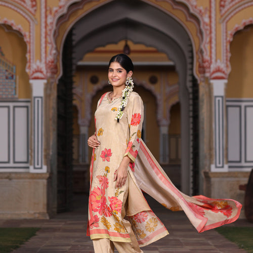 Cream Floral Shimmer Suit Set