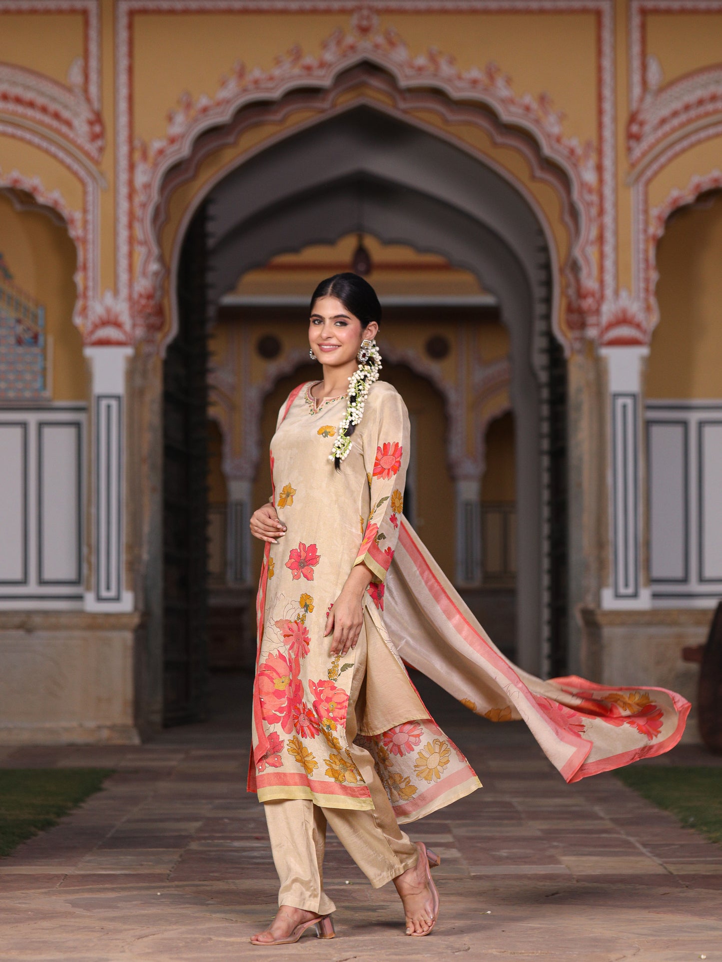 Cream Floral Shimmer Suit Set