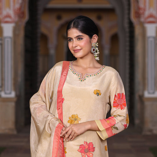 Cream Floral Shimmer Suit Set