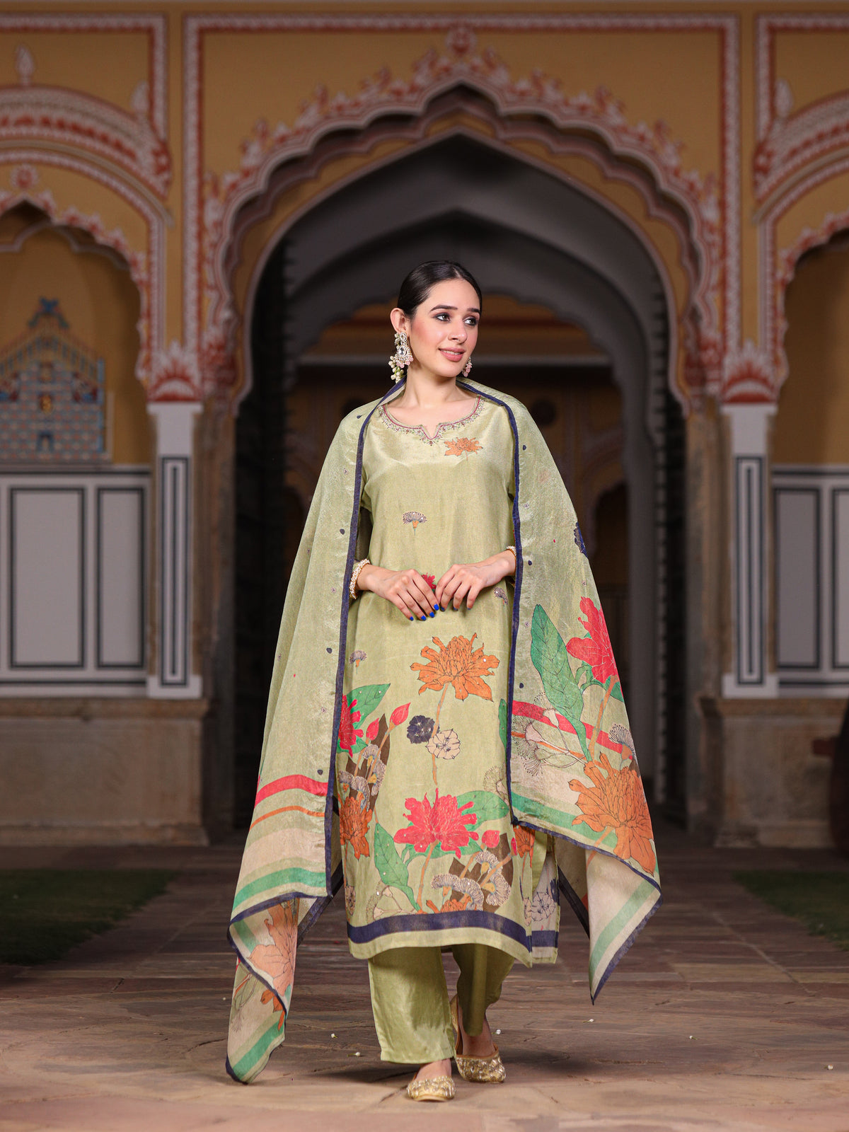 Green Floral Shimmer Suit Set