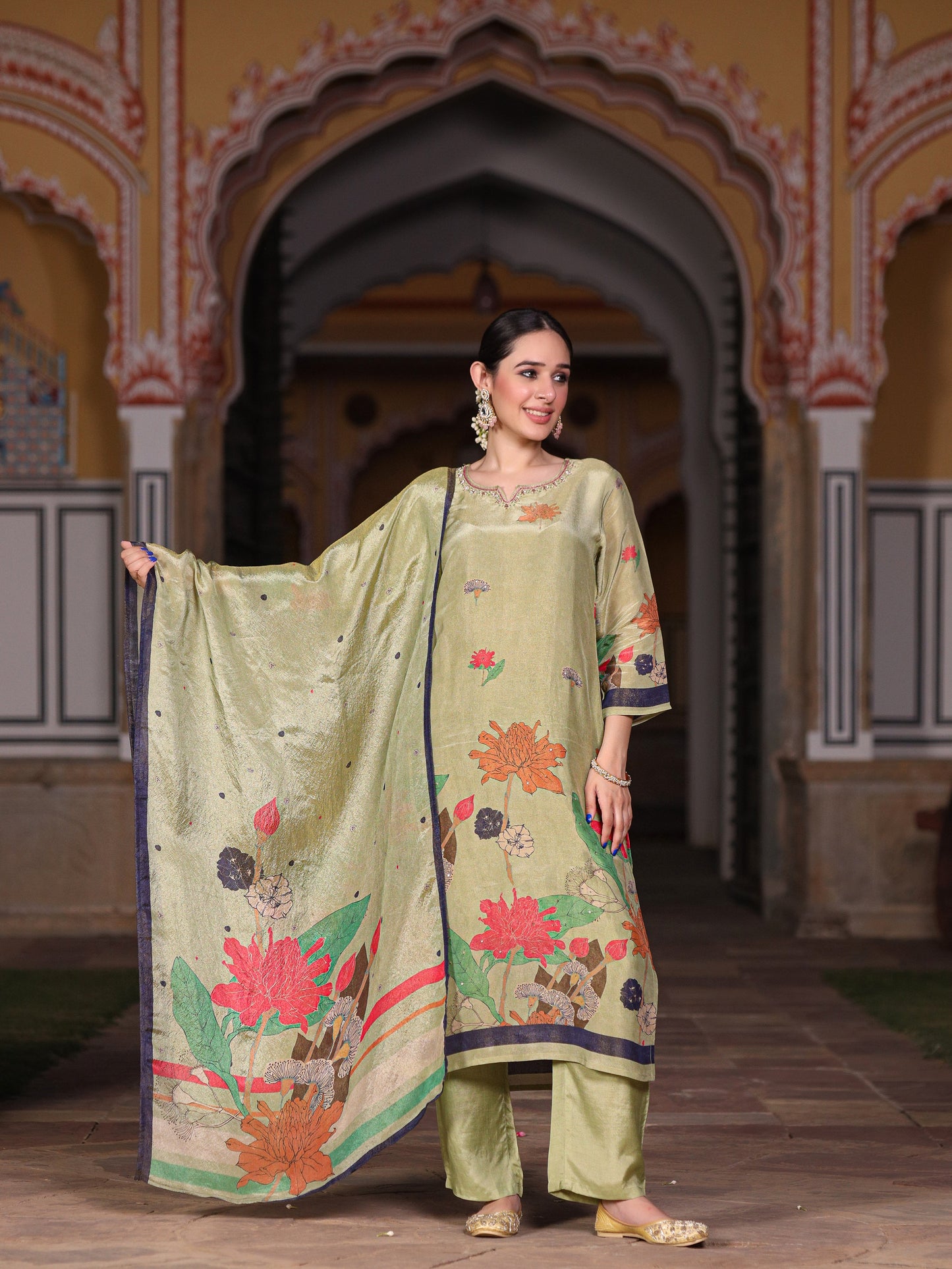 Green Floral Shimmer Suit Set