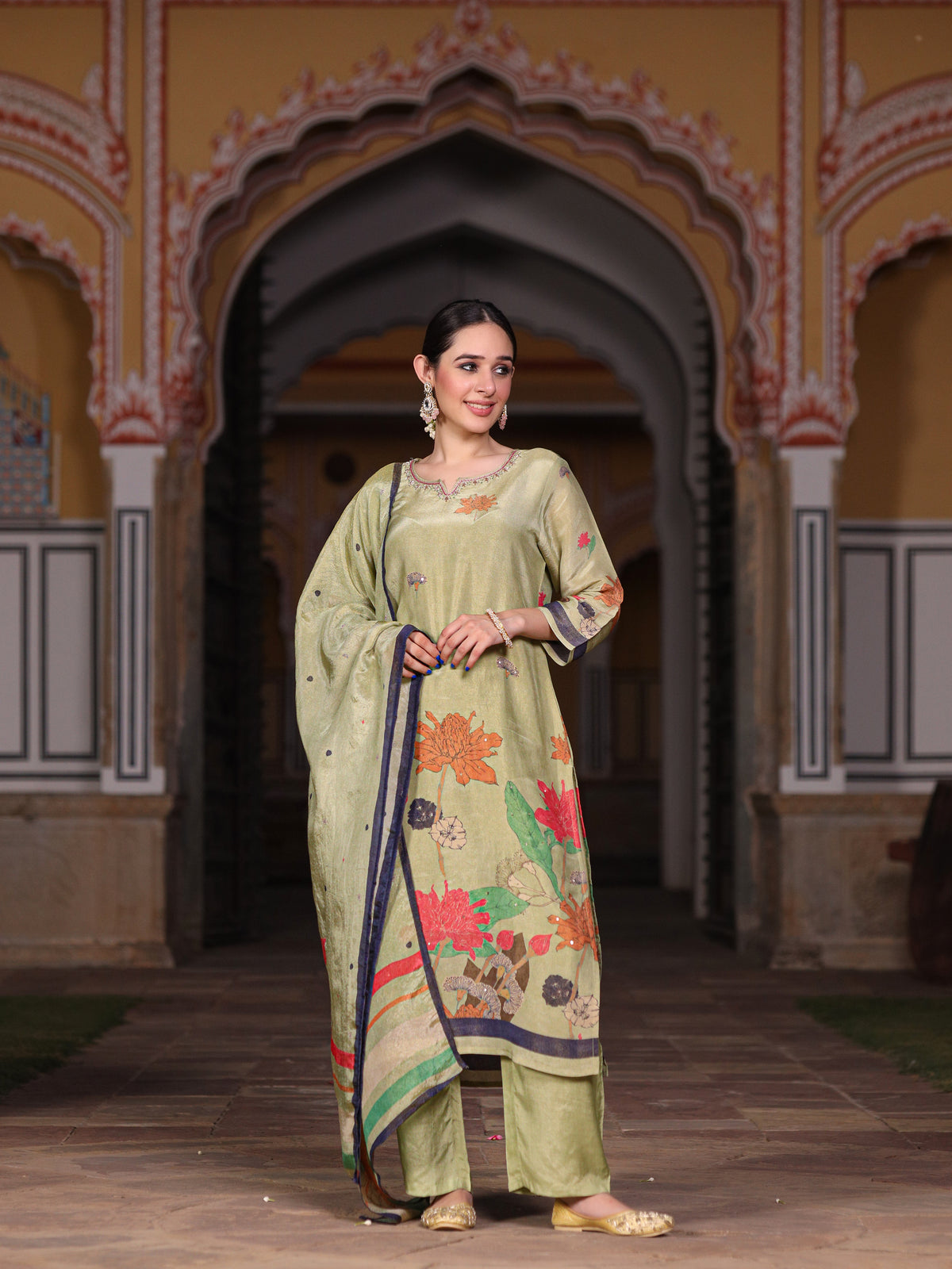 Green Floral Shimmer Suit Set