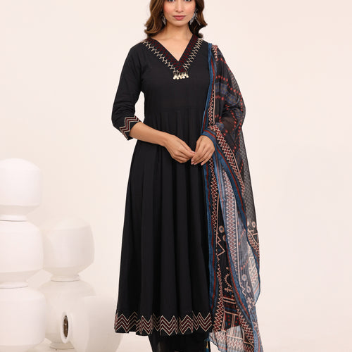 Black Anarkali Ajrakh Dupatta suit set