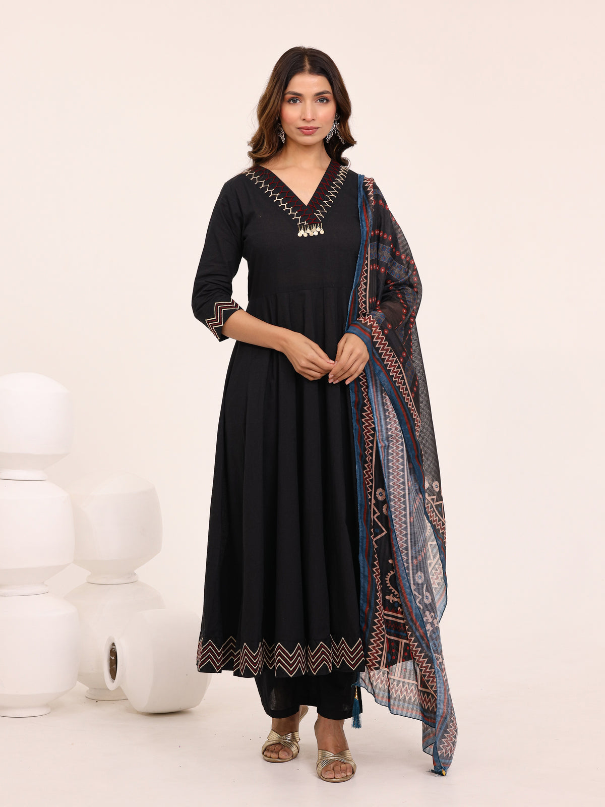 Black Anarkali Ajrakh Dupatta suit set