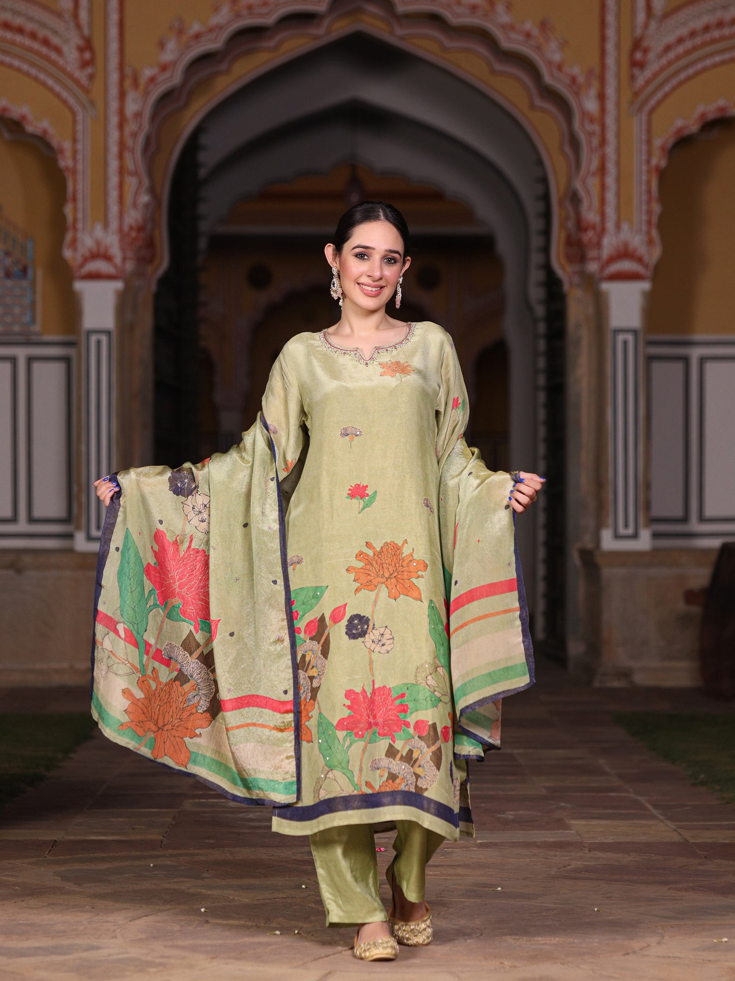 Green Floral Shimmer Suit Set