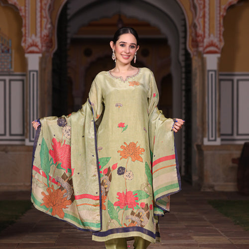 Green Floral Shimmer Suit Set