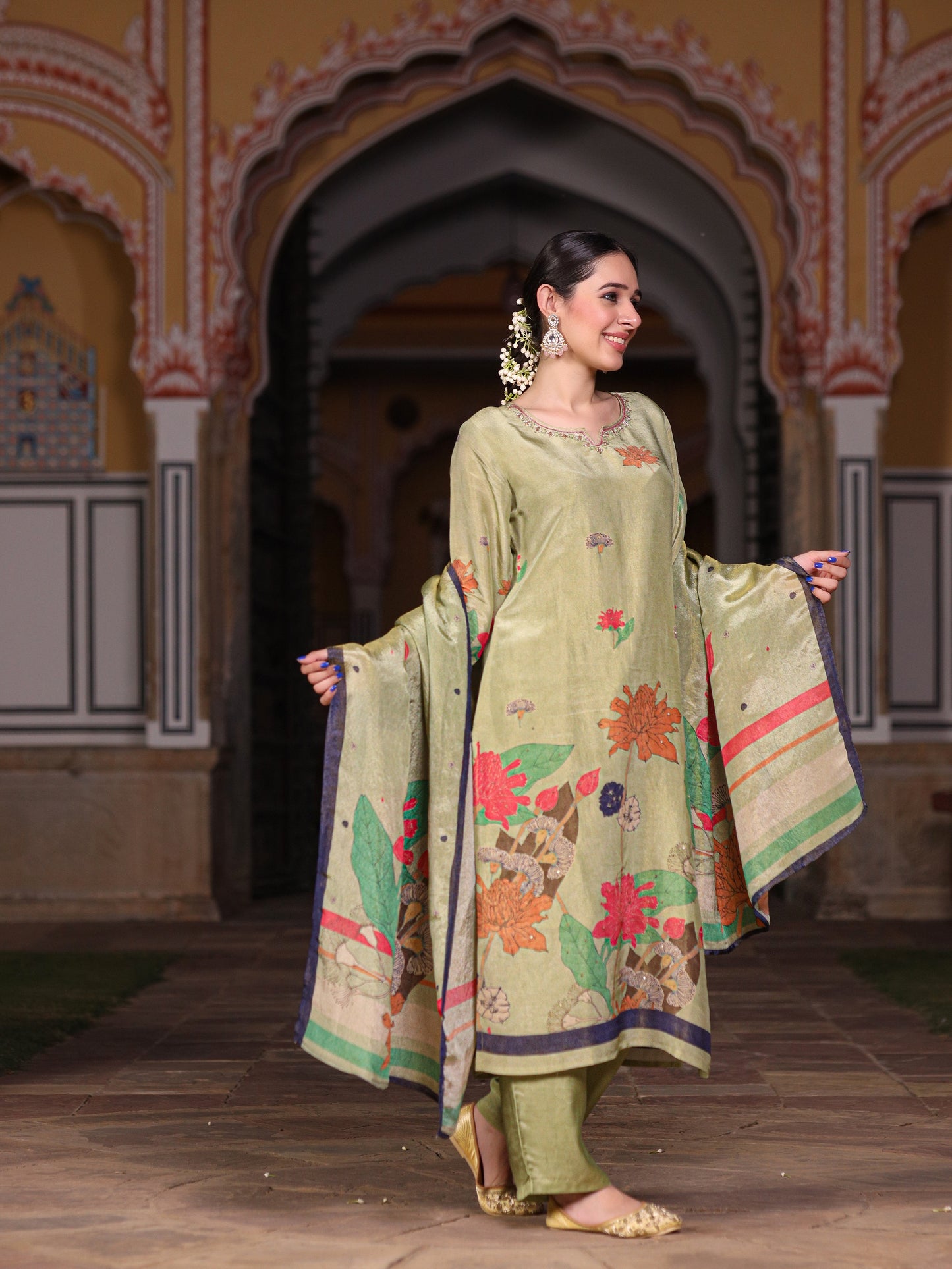 Green Floral Shimmer Suit Set