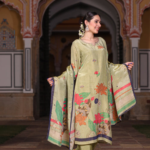Green Floral Shimmer Suit Set