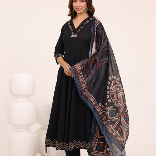 Black Anarkali Ajrakh Dupatta suit set
