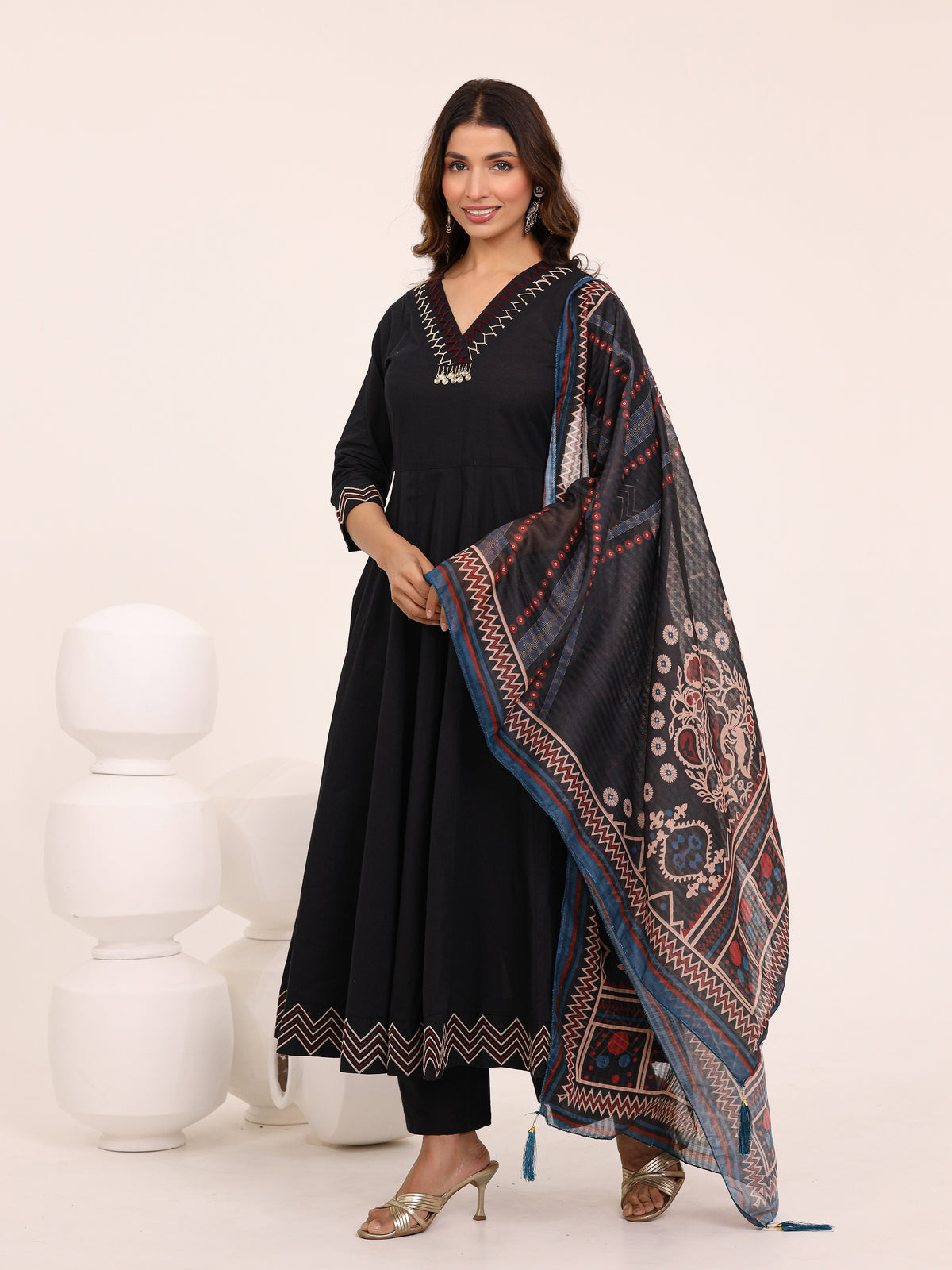 Black Anarkali Ajrakh Dupatta suit set