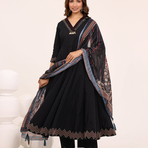 Black Anarkali Ajrakh Dupatta suit set