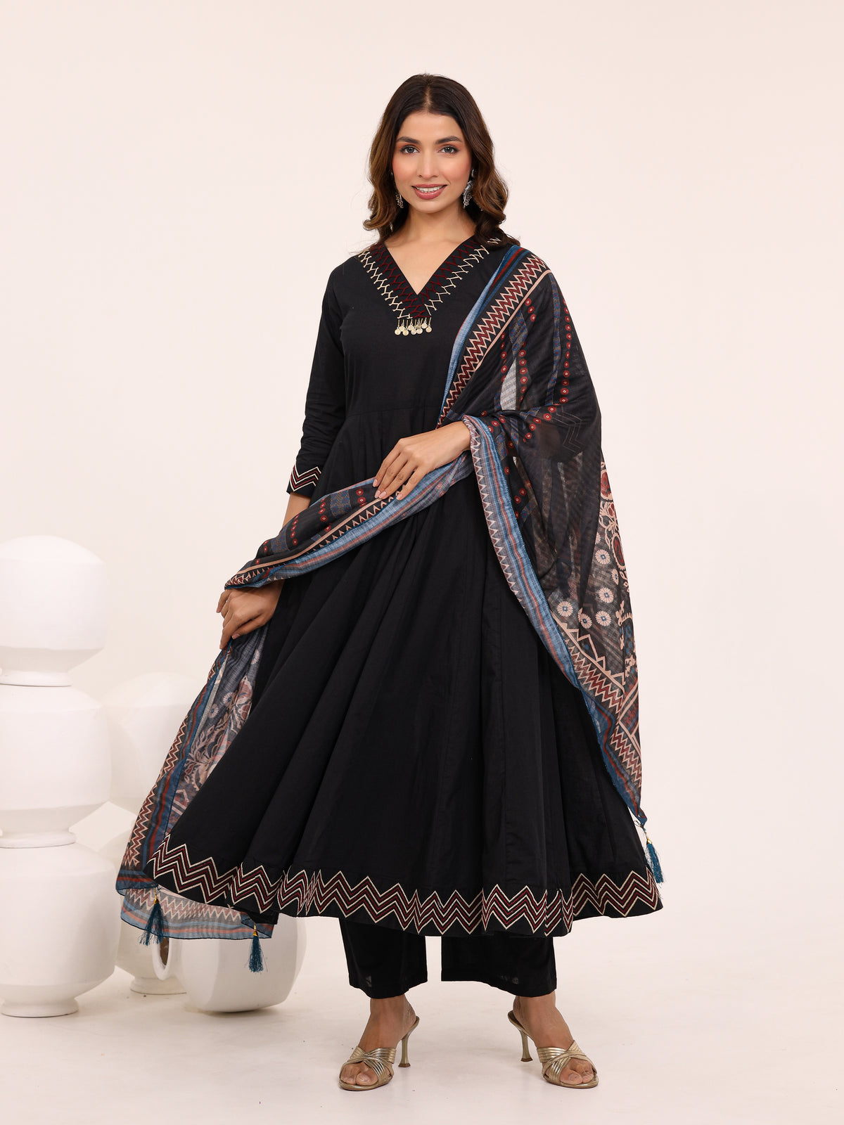 Black Anarkali Ajrakh Dupatta suit set