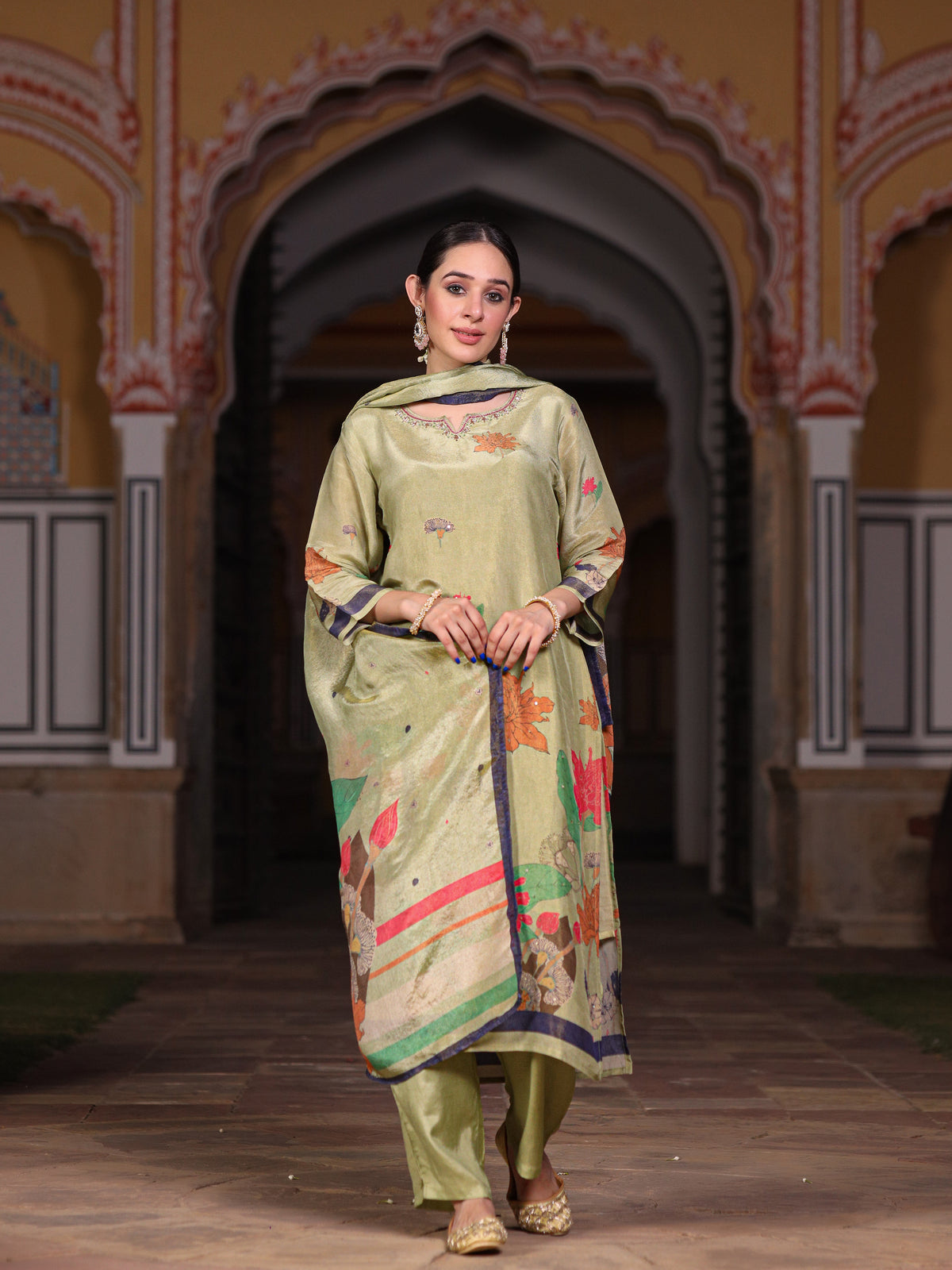 Green Floral Shimmer Suit Set