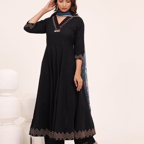 Black Anarkali Ajrakh Dupatta suit set