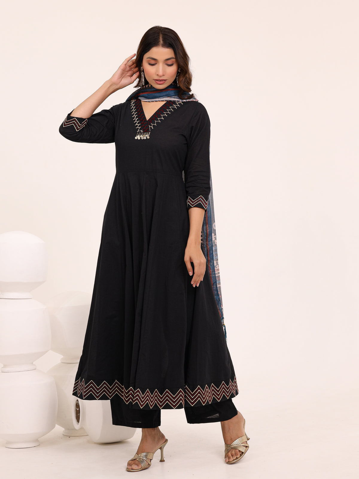 Black Anarkali Ajrakh Dupatta suit set