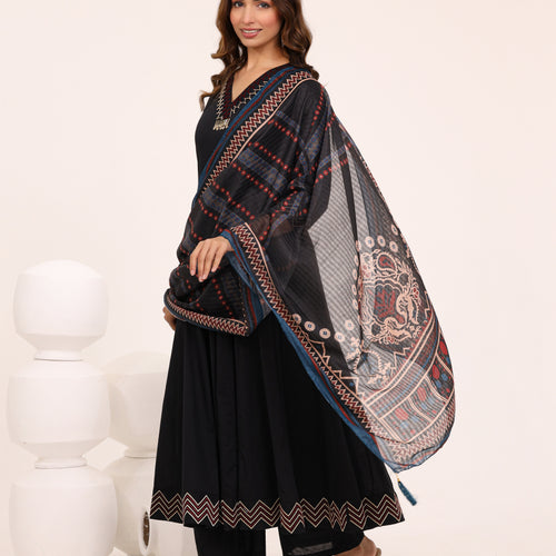 Black Anarkali Ajrakh Dupatta suit set