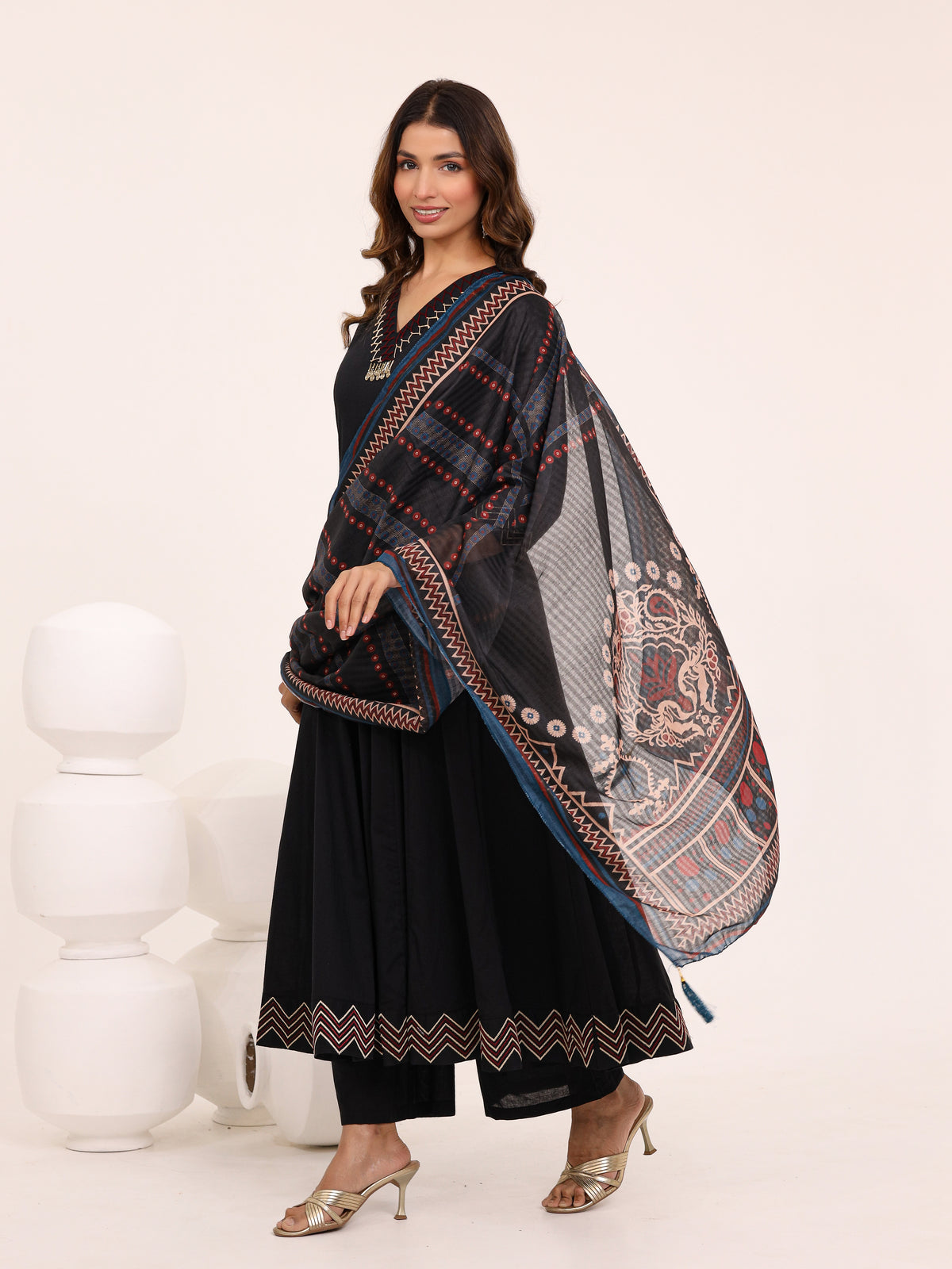 Black Anarkali Ajrakh Dupatta suit set