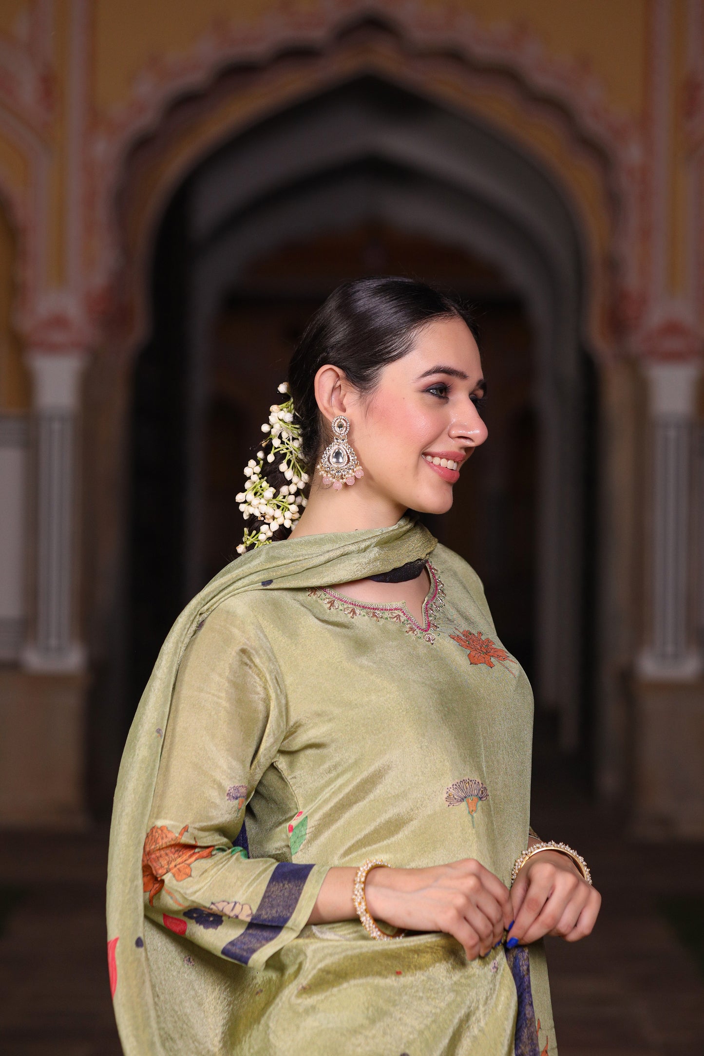 Green Floral Shimmer Suit Set