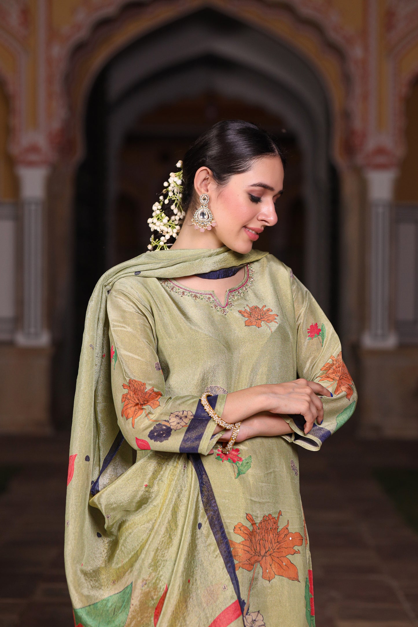 Green Floral Shimmer Suit Set