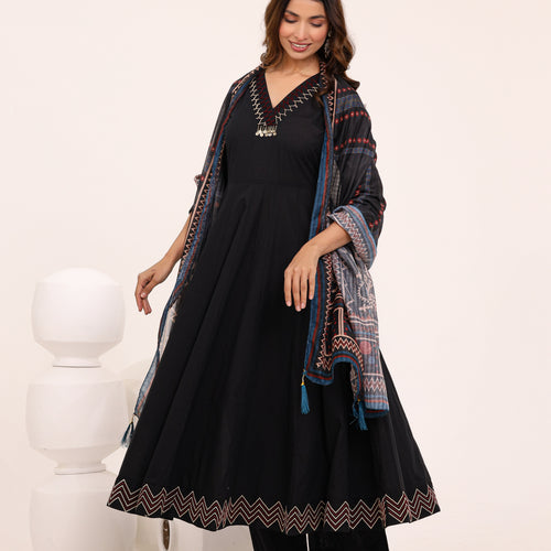 Black Anarkali Ajrakh Dupatta suit set