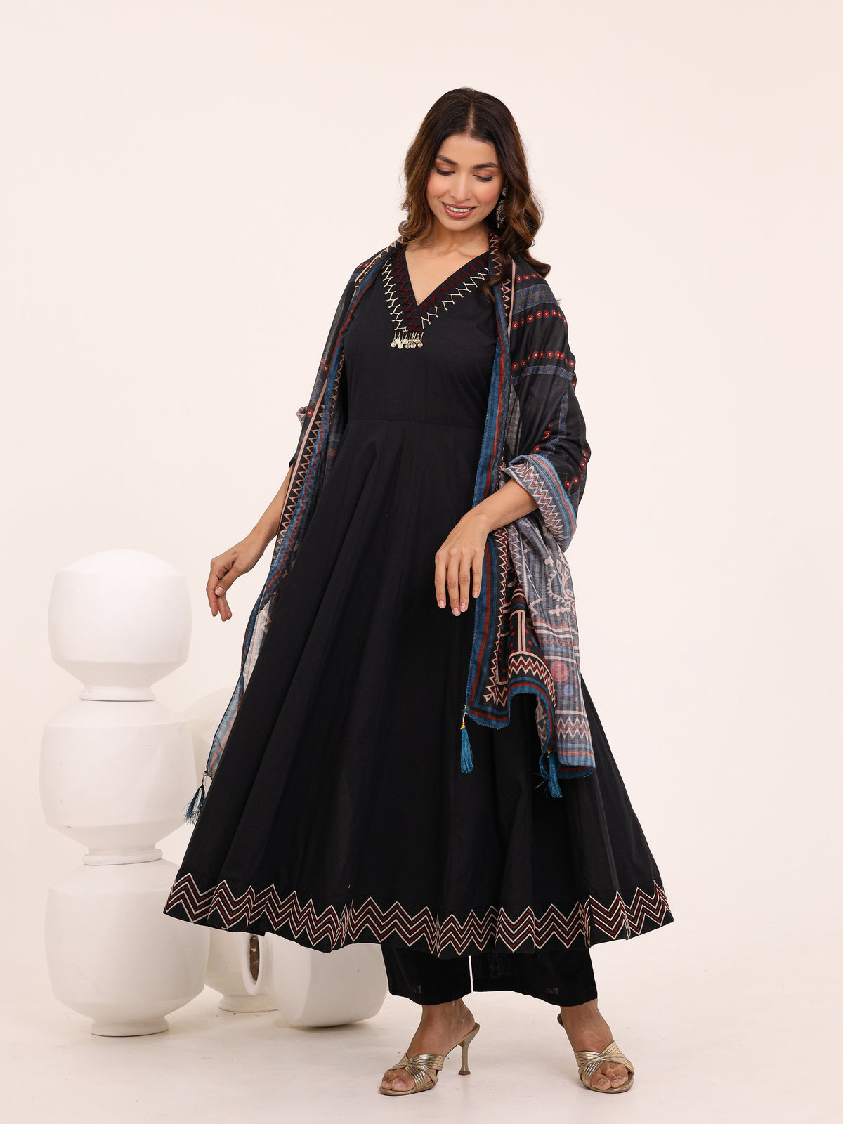 Black Anarkali Ajrakh Dupatta suit set
