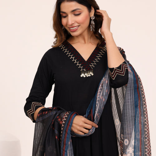 Black Anarkali Ajrakh Dupatta suit set