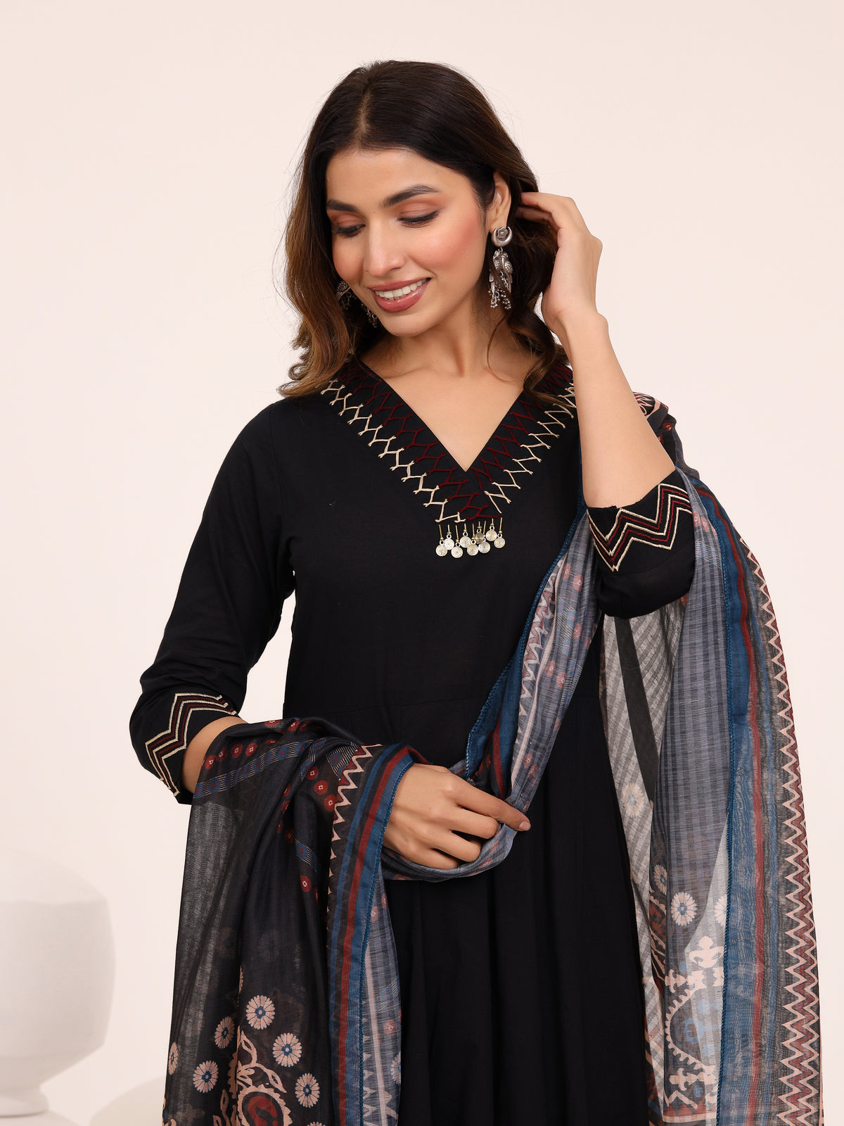 Black Anarkali Ajrakh Dupatta suit set
