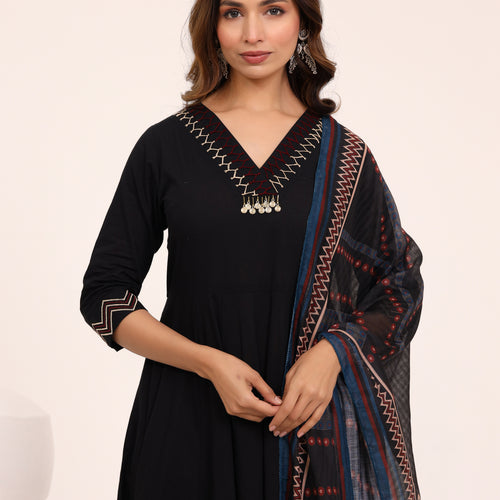 Black Anarkali Ajrakh Dupatta suit set