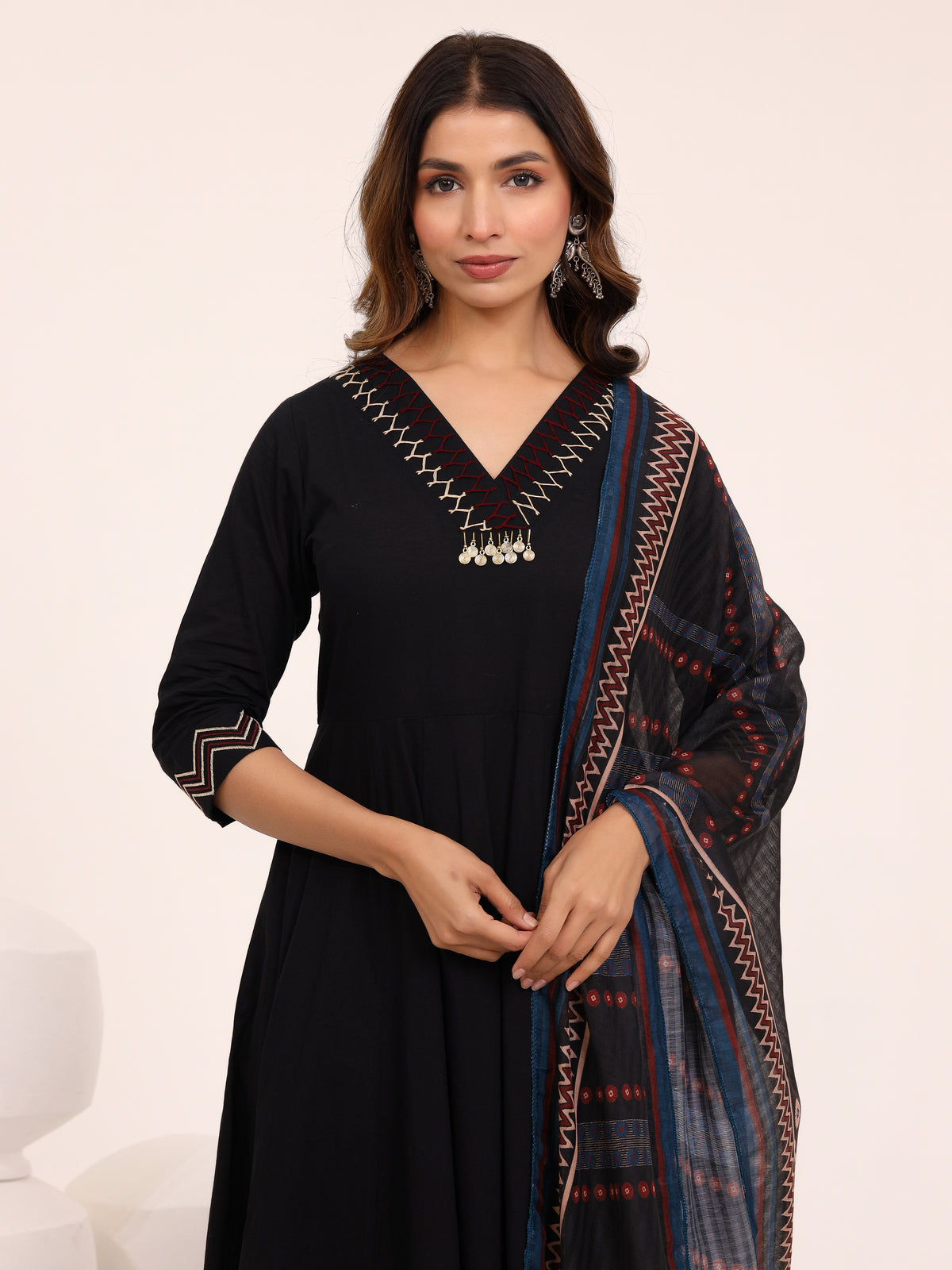 Black Anarkali Ajrakh Dupatta suit set